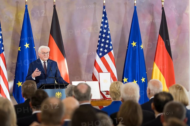 Frank-Walter Steinmeier (President of the Federal Republic of Germany) delivers a speech in front of the awarding of the special level of the Grand Cross to Joe Biden (46th President of the United States) at Bellevue Palace, Berlin, 18 October 2024
