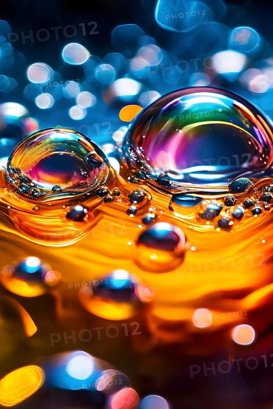 A cluster of iridescent vibrant oil bubbles floating on a water surface, AI generated