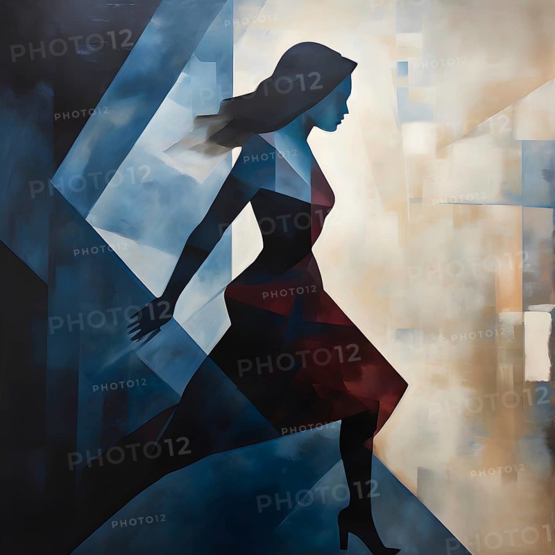 Abstract illustration in geometric shapes of a woman in hurry, AI generated