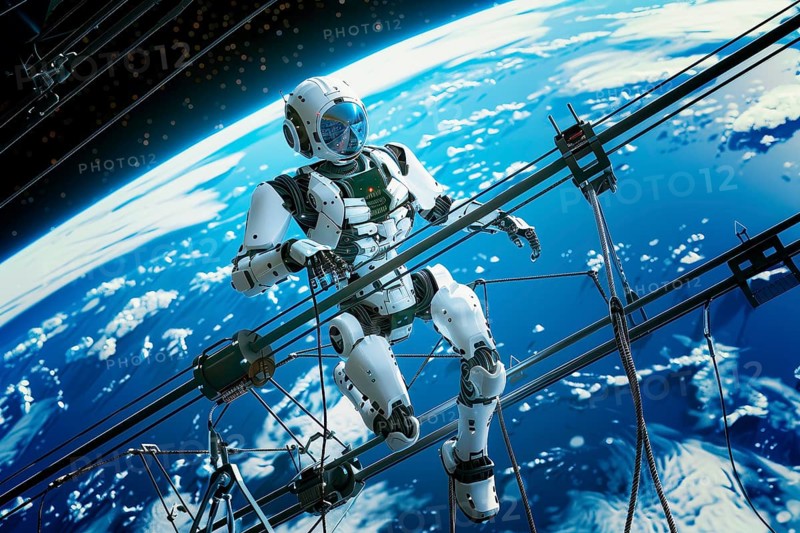 Futuristic humanoid robot working outside a spaceship, AI generated