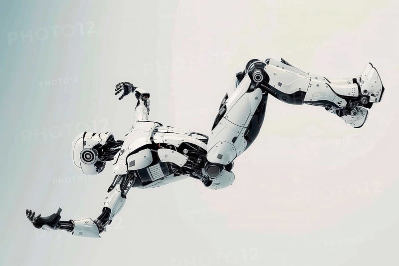 Futuristic humanoid cyborg making an acrobatic rear backflip in front of a white background, AI generated
