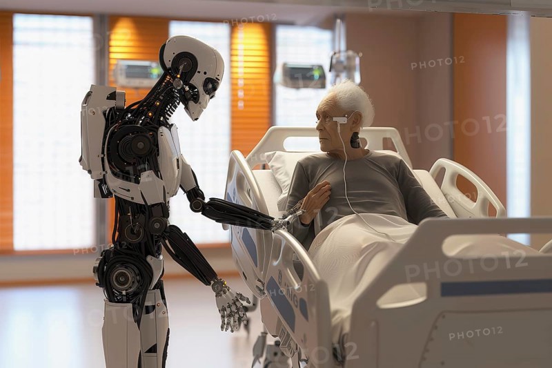 Futuristic humanoid cyborg taking care of elderly people in a hospital, AI generated