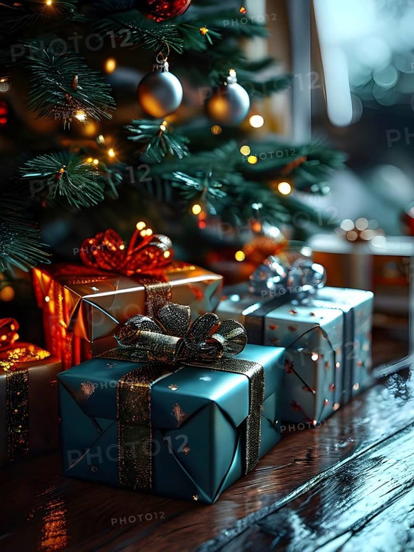 Beautiful wrapped Christmas gifts with shiny ribbons and bows stacked under a evergreen tree in a cozy living room, AI generated