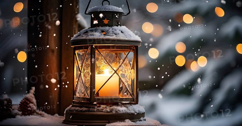 Vintage-style Christmas lantern hanging on a rustic post, covered in frost and surrounded by freshly fallen snow, casting a warm glow, AI generated
