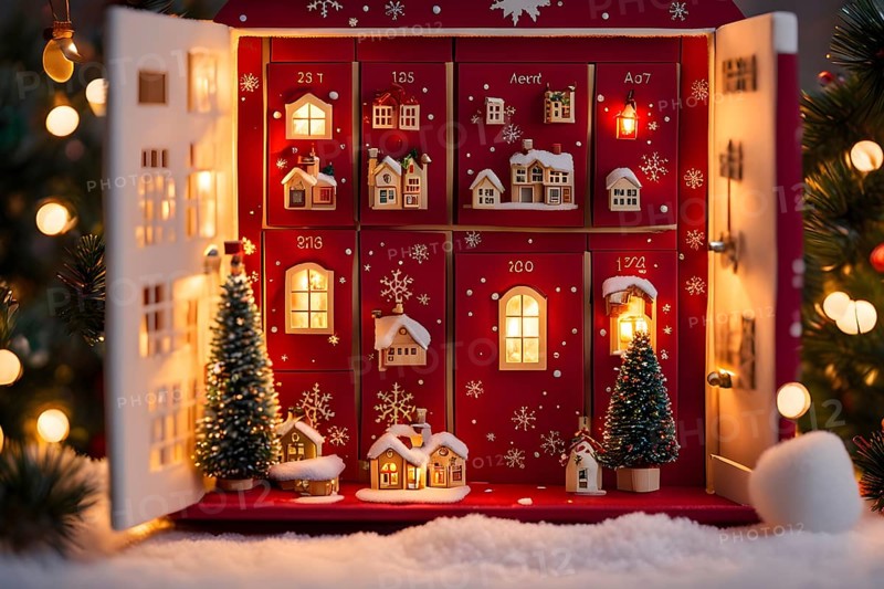Traditional advent calendar door opening, showing a tiny festive scene inside with miniature decorations, AI generated