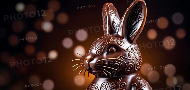 Easter bunny figurine made of chocolate, with a soft focus on intricate patterns and glossy textures, AI generated