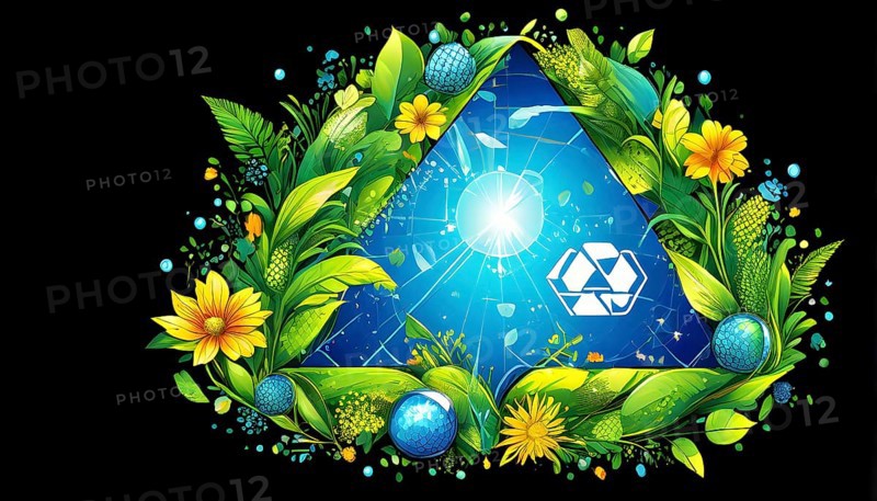 Recycling symbol morphing into growing plants and solar cells to symbolize the transformation of waste into renewable resources, AI generated
