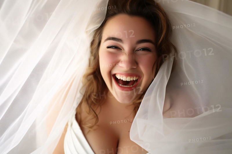 Happy plus size curvy woman in wedding dress. KI generiert, generiert, AI generated