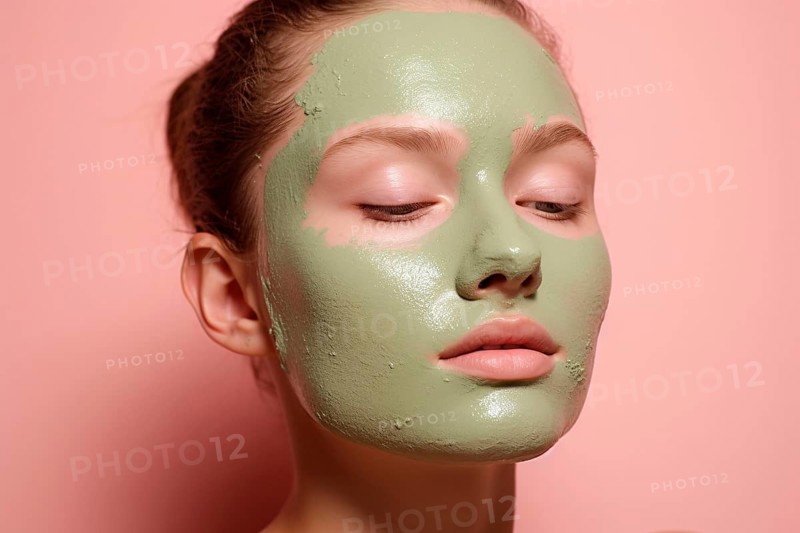 Woman's face with green tea matcha beauty face mask. KI generiert, generiert AI generated