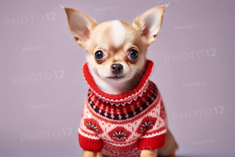 Small Chihuahua dog with knitted sweater on purple background. KI generiert, generiert AI generated