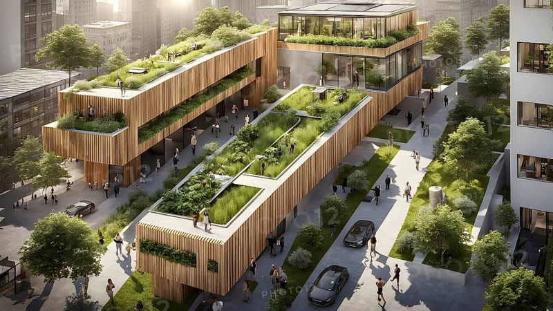 3d model render showcasing an urban neighborhood boasting ecological zero waste infrastructure with recycling stations, AI generated