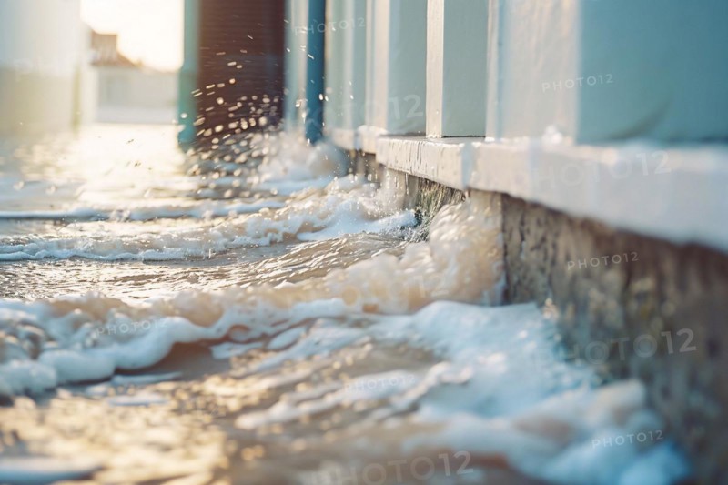 Water lapping against building wall and door. Flooding concept. KI generiert, generiert, AI generated