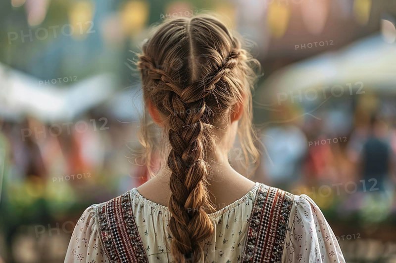 Back view of woman with plaited hair in street festival. Generative Ai, AI generated