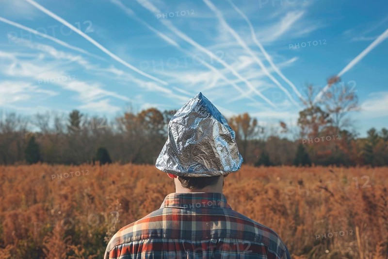 Chemtrail conspiracy theory concept with back view of man with tinfoil hat looking at sky with condensation trails. Generative Ai, AI generated