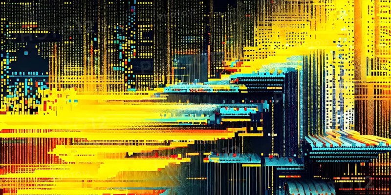 Abstract 3d pixel art technology themed pattern featuring random mosaic in vibrant hues, AI generated