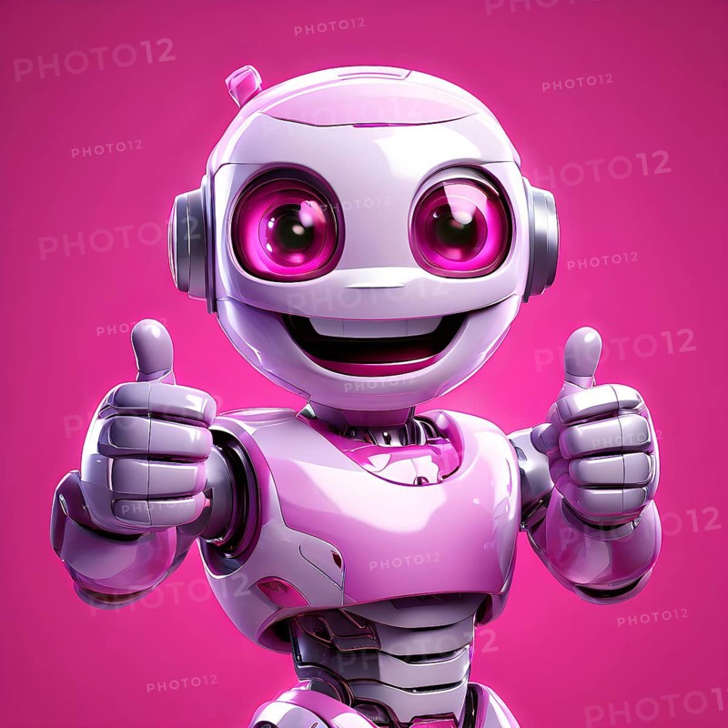 Friendly smiling pink robot with a thumb up symbolizing artificial intelligence, AI generated
