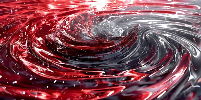 Digital art illustration of a liquid whirlpool swirling with red and silver tones, AI generated