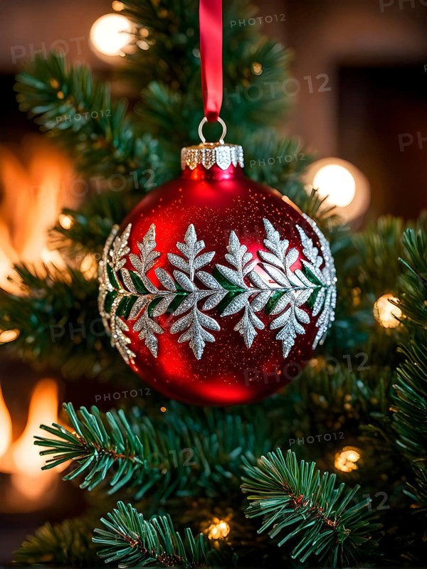 Christmas ornament hanging on a tree, with reflections of twinkling lights and fireplace flames flickering in the background, AI generated