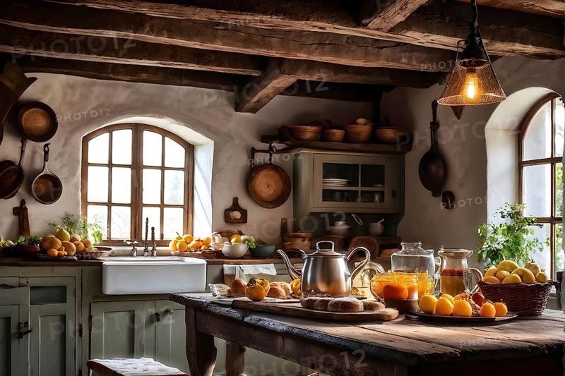 Rustic kitchen interior with exposed wooden beams, a farmhouse sink, and a table set with freshly baked bread, a bowl of fruits, AI generated