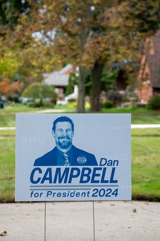 Grosse Pointe Park, Michigan USA, 1 October 2024, Lawn signs are popping up in the Detroit area supporting Detroit Lions coach Dan Campbell for President in 2024