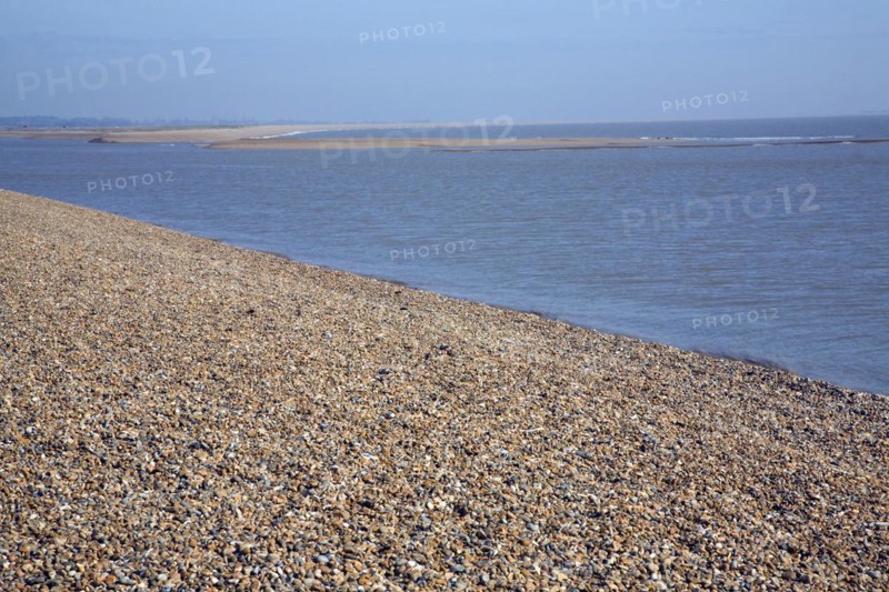 Mouth of River Ore at the tip of Orford ness spit at North Weir Point, Shingle Street, Suffolk, England, UK
