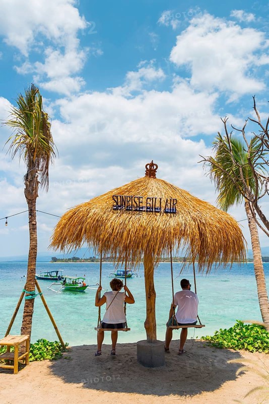 Tourists, swing, beach, beach bistro, travel, holiday, tourism, sea, beach holiday, sun, straw umbrella, beach life, Bali, Indonesia, Asia