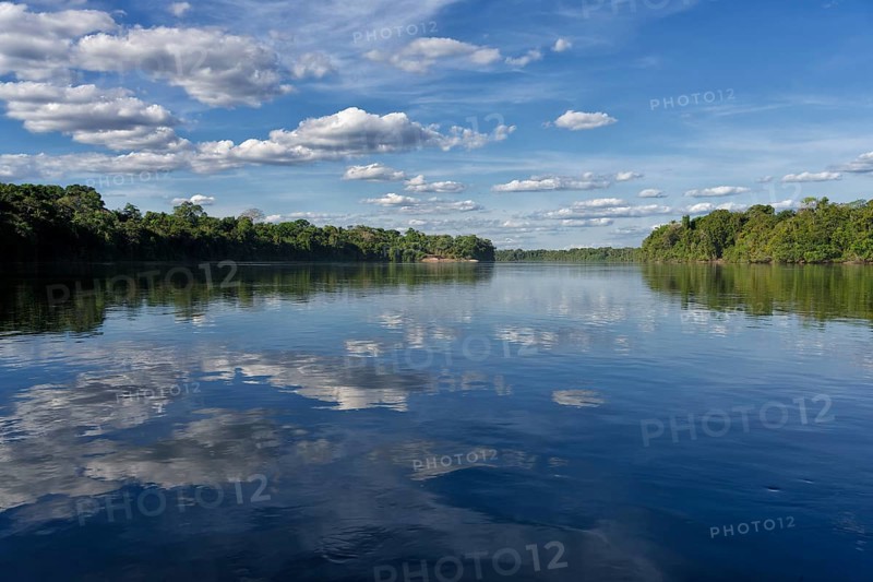 Sky and trees reflecting in the Juruena river, Alta Floresta, Amazon, Brazil, South America
