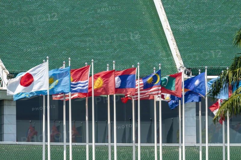 Many flags in front of the United Nations Conference Centre, Bangkok, Thailand, Asia