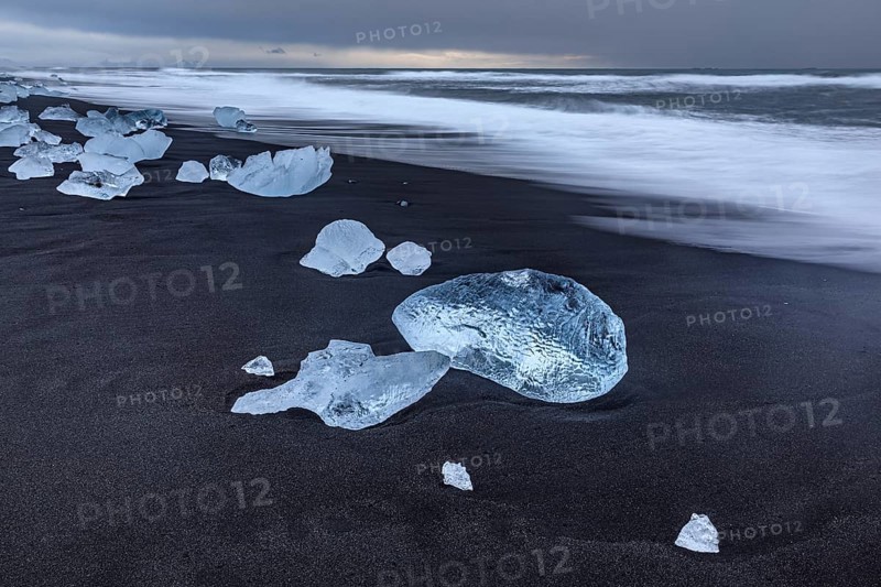 Ice floes, beach, sea, waves, cloudy, Diamond Beach, Breidamerkursandur, Jökulsarlon, Iceland, Europe