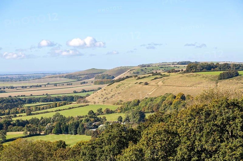 View over chalk scarp slope Vale of Pewsey, Pewsey Vale, Martinsell Hill, Oare, Wiltshire, England, UK, to Milk Hill