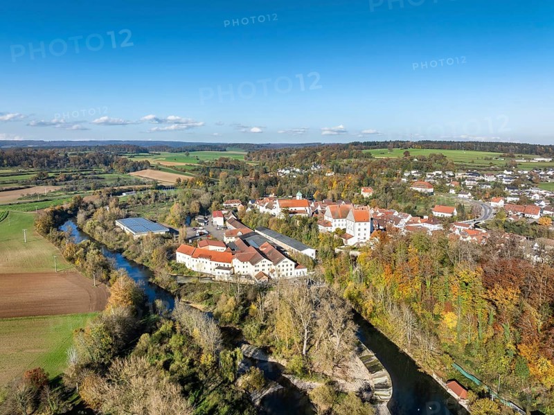 Aerial view of the village of Scheer with the residential palace and the former Kraemer paper mill, today an industrial park on the banks of the Danube, upper Danube valley, Sigmaringen district, Baden-Württemberg, Germany, Europe