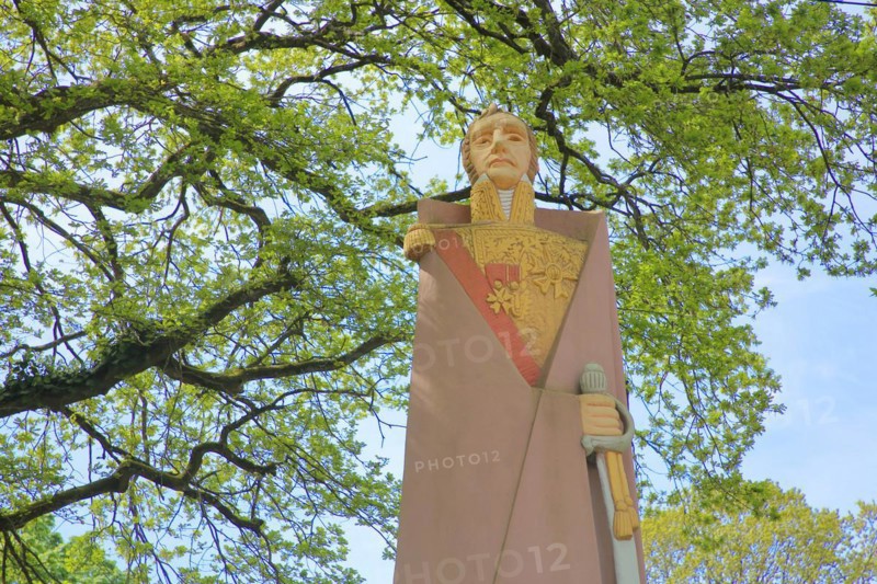 Sculpture and monument to French Marshal Michel Ney with uniform, sword and medals, stabbing weapon, detail, Vauban Island, Vaubaninsel, Saarlouis, Saarland, Germany, Europe