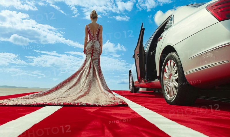 Celebrity woman in long fashionable luxury gown walking on a red carpet to celebrity gala event, AI generated