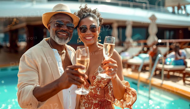 African american couple enjoying cocktails next to the swimming pool on a luxury cruise ship. generative AI, AI generated