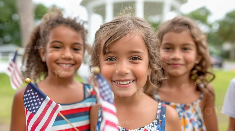 Cute children celebrating the american holiday with friends and family at the park. generatvie AI, AI generated