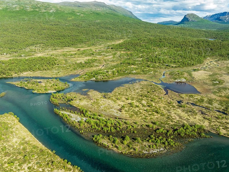 The widely branching arms of river Sjoa, upper valley of river Sjoa, Jotunheimen, Norway, Europe