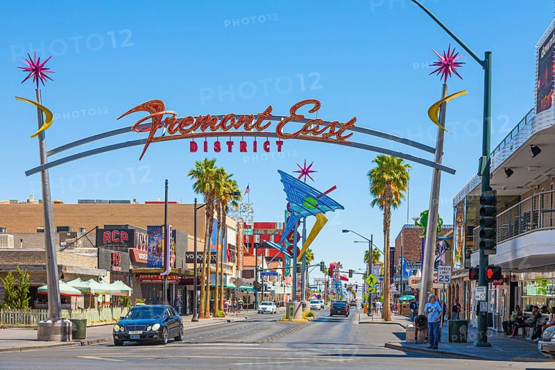 Neon Fremont East District sign on arch over Fremont Street in downtown Las Vegas, Nevada, USA, North America