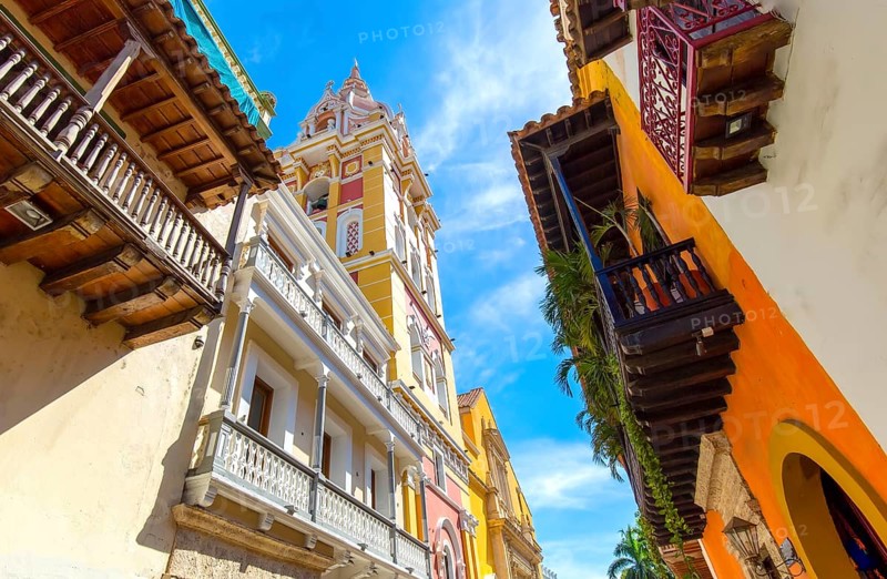 Famous colonial Cartagena Walled City, Cuidad Amurrallada, and its colorful buildings in historic city center, a designated UNESCO World Heritage Site