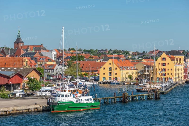 Maritime Svendborg, cityscape, museum harbour, historic sailing ships, wooden boats, old granary, Vor Freu Kirke, Church of Our Lady, Great Belt, Baltic Sea, Fyn, Fyn Island, Denmark, Europe