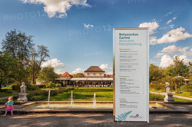 Botanical Garden, next to Nymphenburg Palace Park, 2024 110th anniversary, montage photo with information board from the entrance, Munich, Bavaria