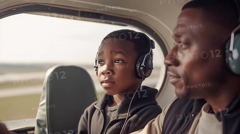 Young african american father teaching his son to fly in the cockpit of their airplane, generatvie AI, AI generated