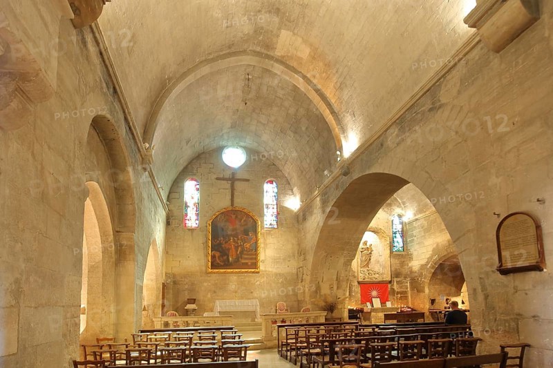 Interior view with wall painting of the Gothic church of St-Vincent, Saint, Les Baux-de-Provence, Alpilles, Alpilles, Bouches-du-Rhône, Provence, France, Europe