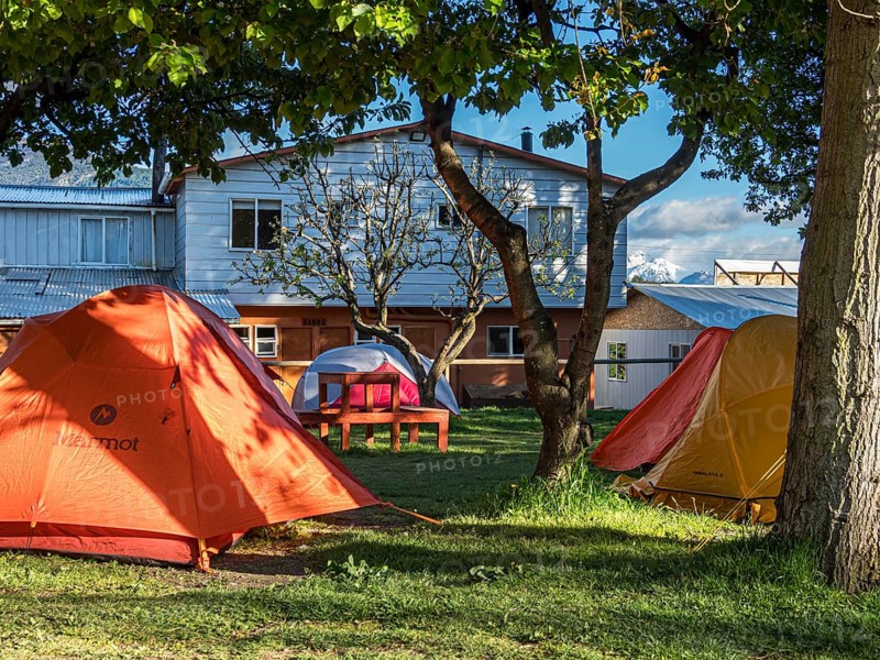 Campground of hostel Bellavista, orange and yellow tents below trees, Puerto Rio Tranquilo, Patagonia, Chile, South America