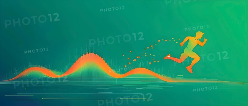 Illustration of a wave of vibrant data points shaping into a runner silhouette, conveying speed and precision guided by AI, AI generated