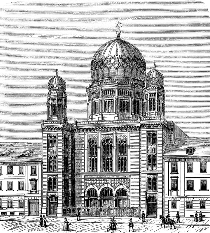 New Synagogue in Berlin, built in the mid-19th century, domed building, side towers, oriental elements, people, Germany, historical illustration 1880, Europe