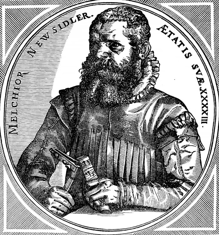 Lutenist and composer Melchior Newsidler (c. 1531 to c. 1591), composer for the lute, editor of the German lute book with motets, curly beard, ruff, sheet of music in hand, determined look, portrait of a man, historical illustration 1892