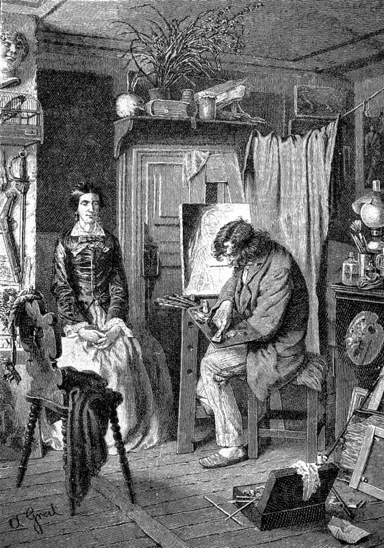 Portrait painter paints a picture of a farmer's wife in the parlour, illustration around 1880, Historical, digital reproduction of an original from the 19th century