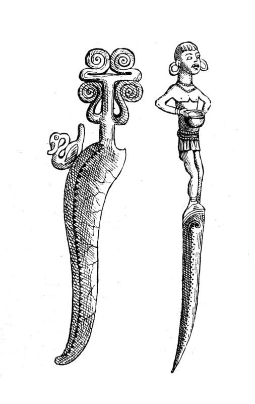 Bronze Age, bronze knives, found in Denmark, illustration from 1890, historical, digital reproduction of an original from the 19th century
