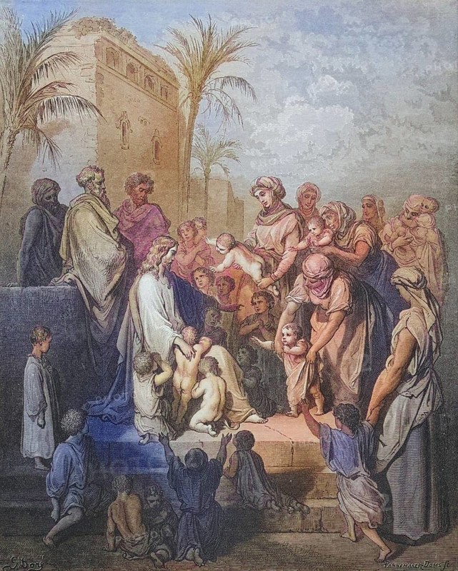 Engraving from the Dore Bible on Mark 13 to 16: Jesus blesses the children by Gustave Dore, 1832-1883, French artist and illustrator, Historic, digitally restored reproduction from a 19th century original, Record date not stated