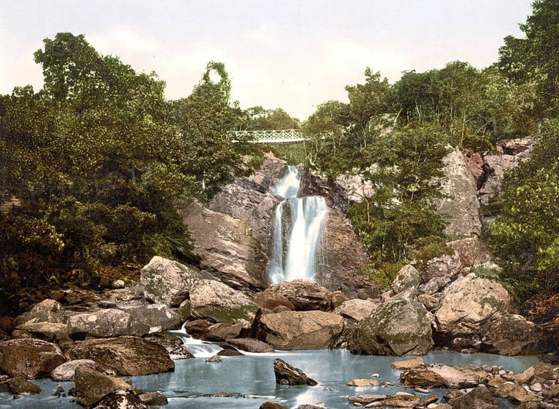 The Inversnaid Waterfalls on Loch Lomond, at 71 km² the largest lake in Scotland by area, Historic, digitally restored reproduction from a 19th century original, Record date not stated